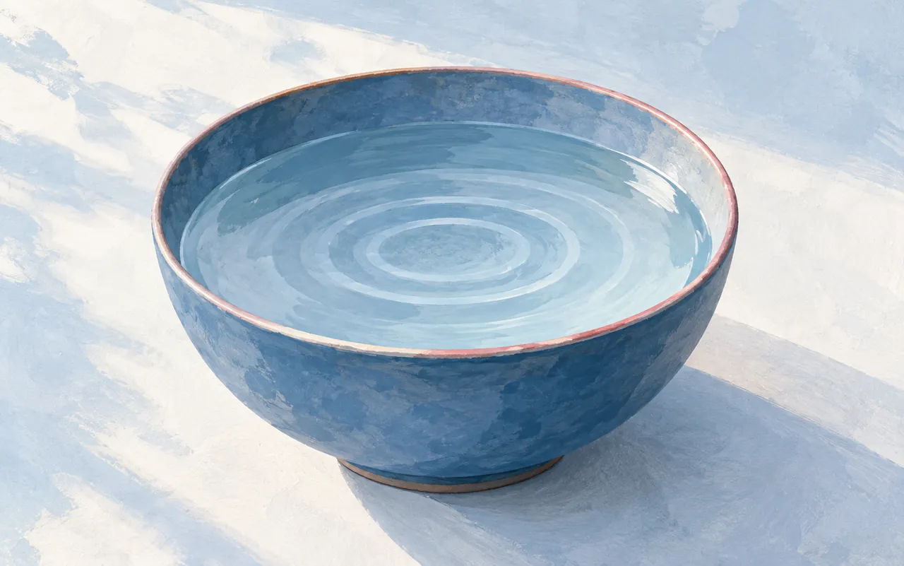 Eine blaue Wasserschale mit sanften konzentrischen Kreisen auf der Oberfläche.