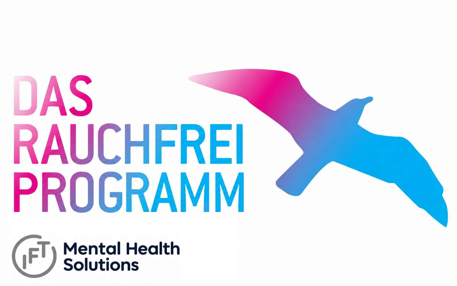 Das Rauchfrei Programm: rosa-blauer Vogel und das Logo von IFT Mental Health Solutions.