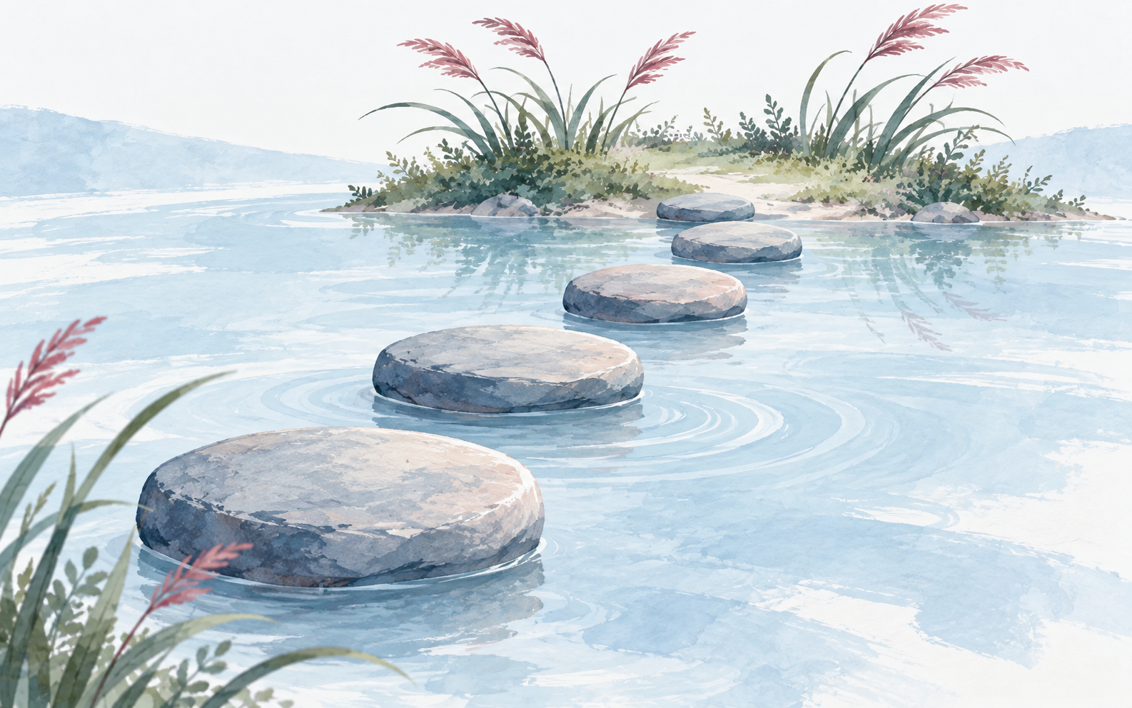 Breite Trittsteine führen über ruhiges Wasser zu einem begrünten Ufer.